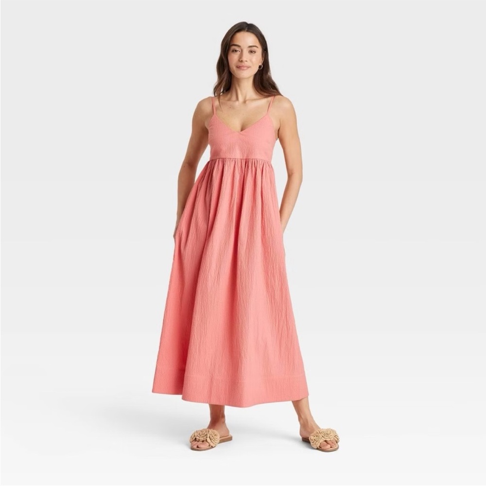 a new day Coral Spaghetti Strap Seersucker Cotton Stretch Maxi Dress